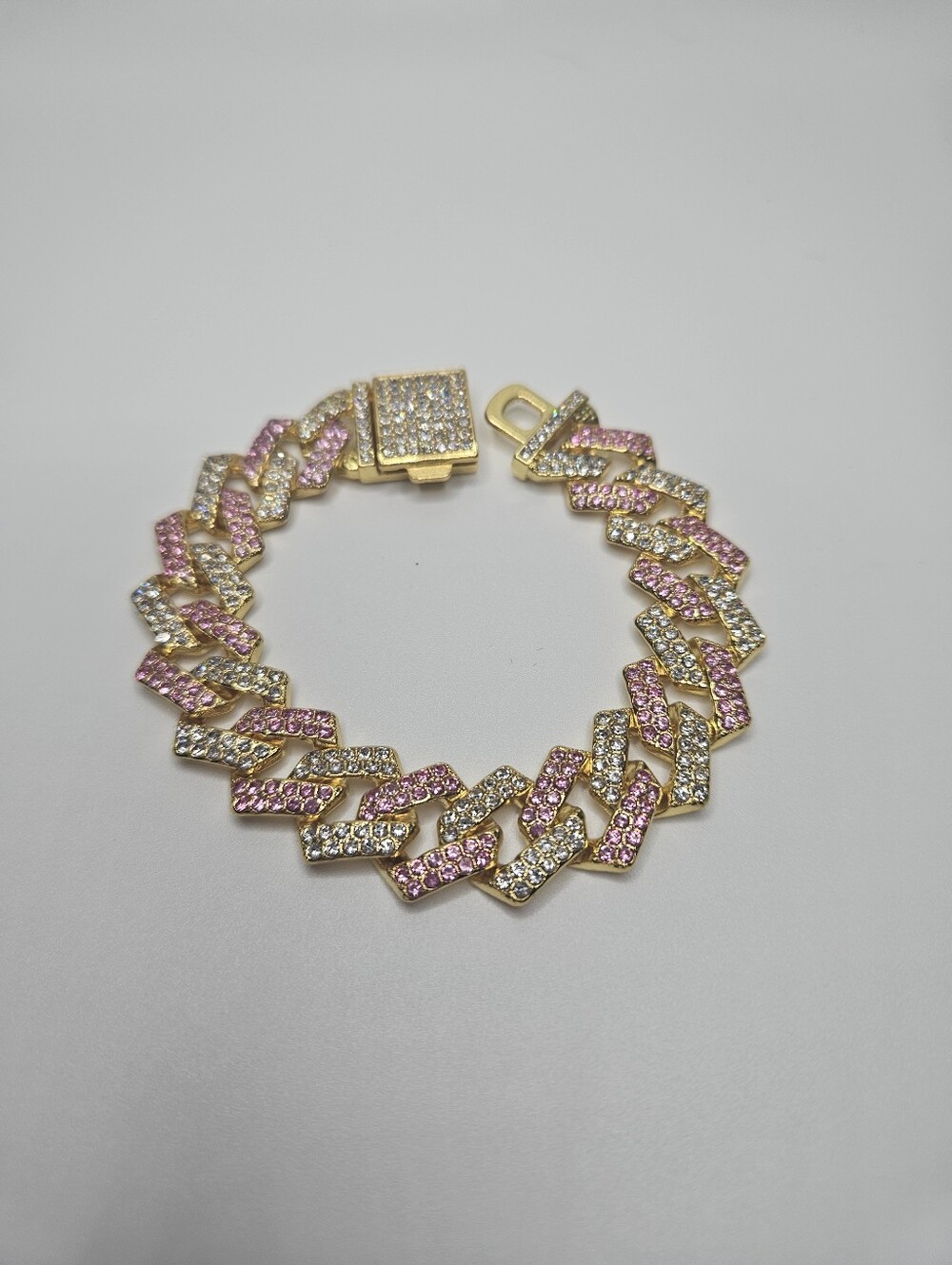 Gold Pink Pave Cuban Link Bracelet